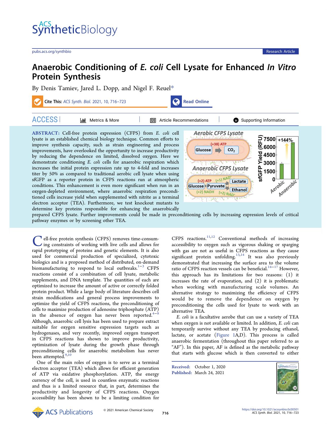 Anaerobic Conditioning of E. coli Cell Lysate for Enhanced In Vitro Protein Synthesis by By Denis Tamiev Jared L. Dopp and Nigel F. Reuel