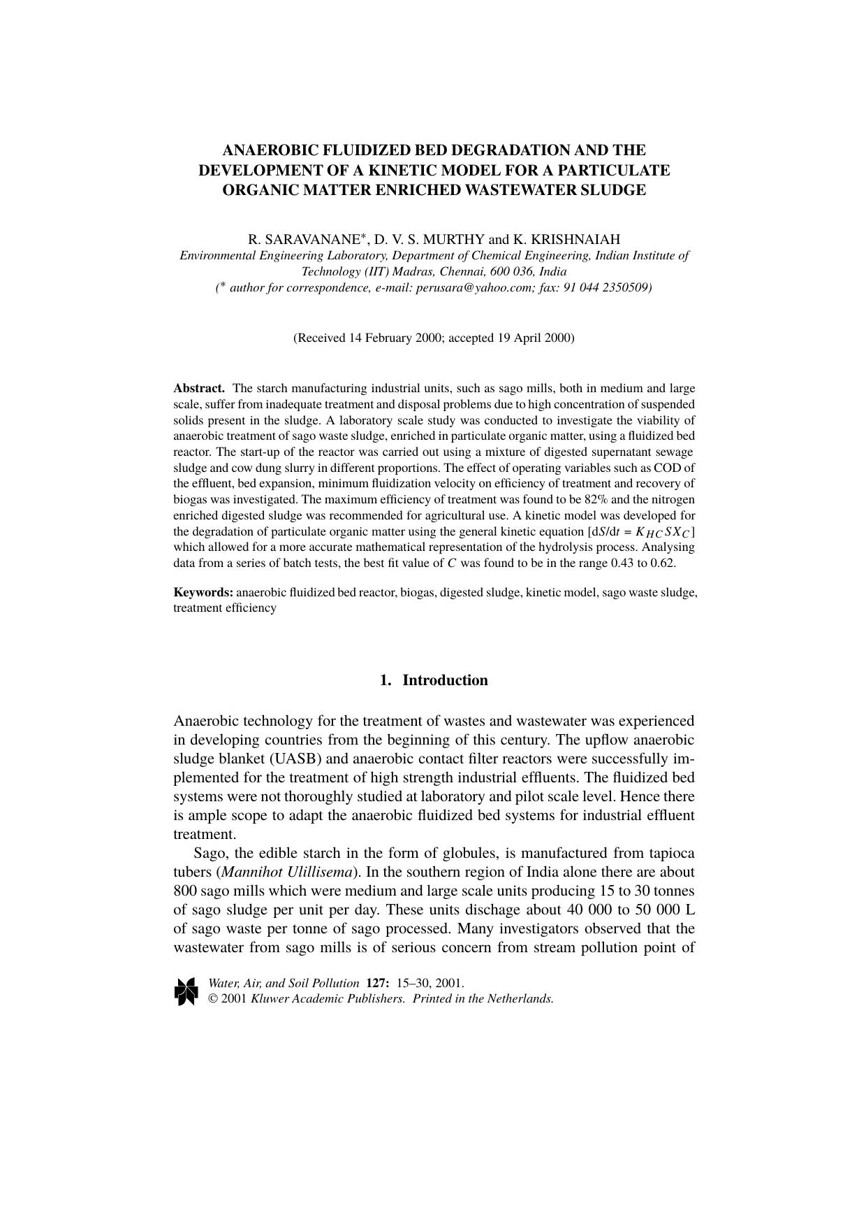 Anaerobic Fluidized Bed Degradation and the Development of a Kinetic Model for a Particulate Organic Matter Enriched Wastewater Sludge by Unknown