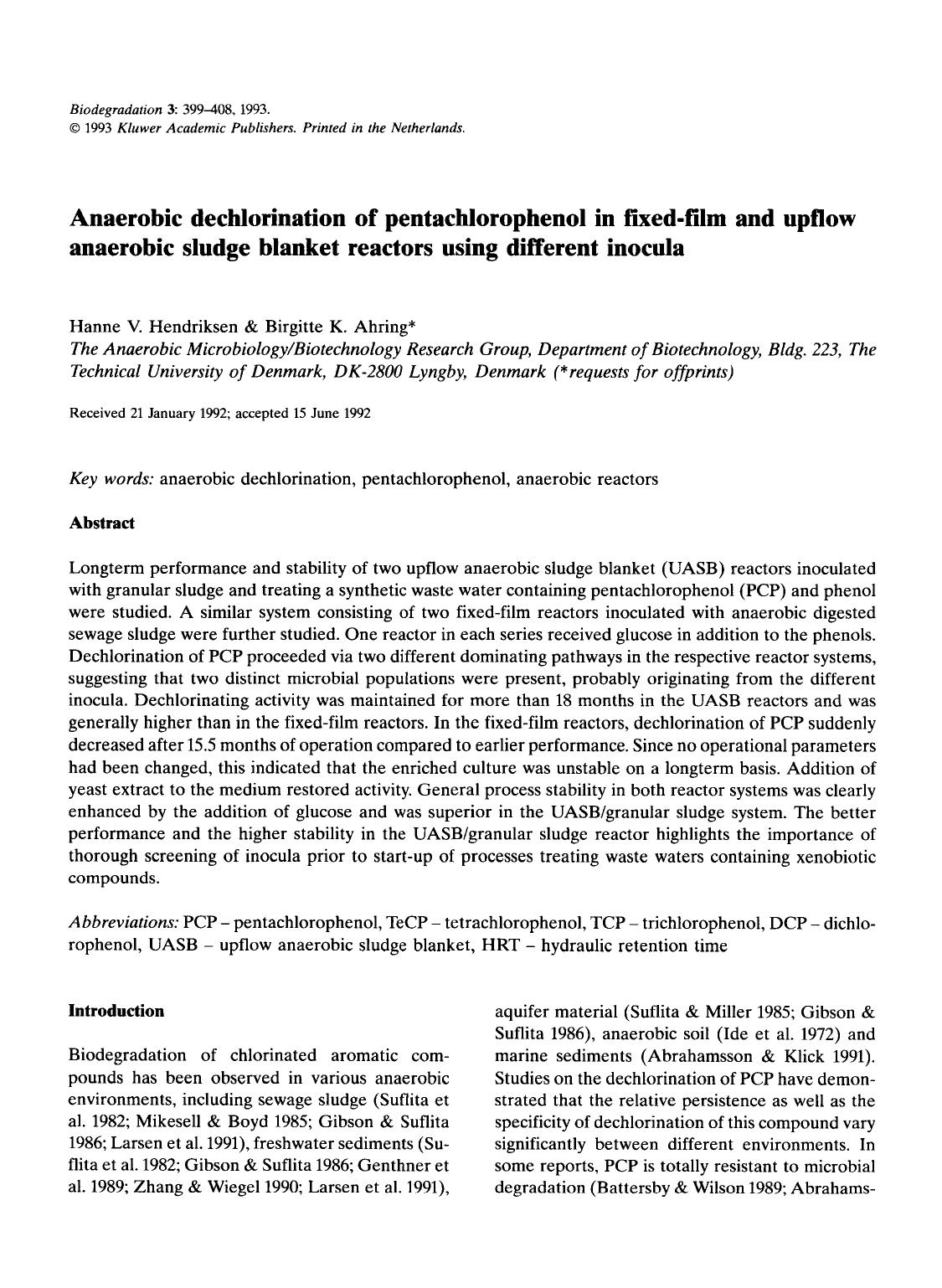 Anaerobic dechlorination of pentachlorophenol in fixed-film and upflow anaerobic sludge blanket reactors using different inocula by Unknown