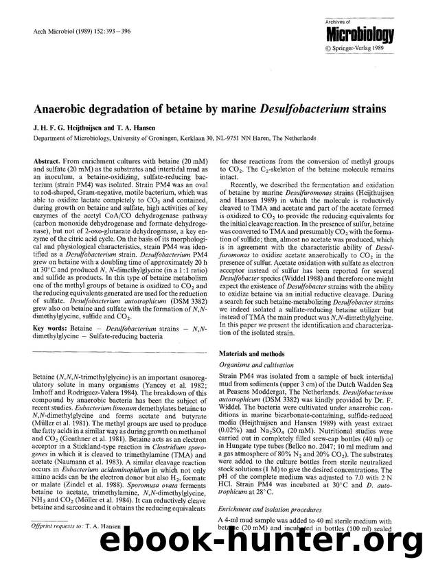 Anaerobic degradation of betaine by marine <Emphasis Type="Italic">Desulfobacterium<Emphasis> strains by Unknown