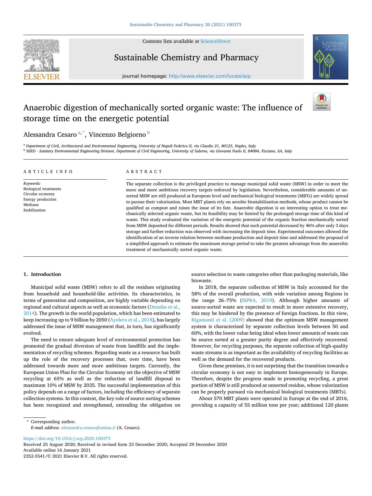 Anaerobic digestion of mechanically sorted organic waste: The influence of storage time on the energetic potential by Alessandra Cesaro & Vincenzo Belgiorno