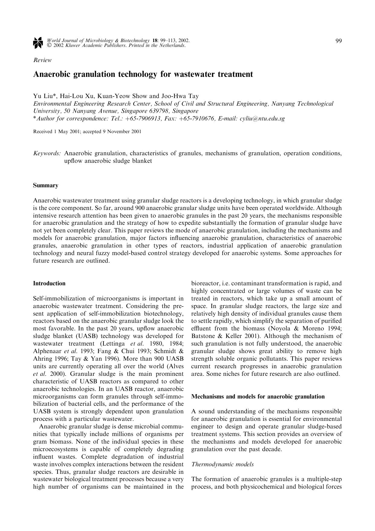 Anaerobic granulation technology for wastewater treatment by Unknown