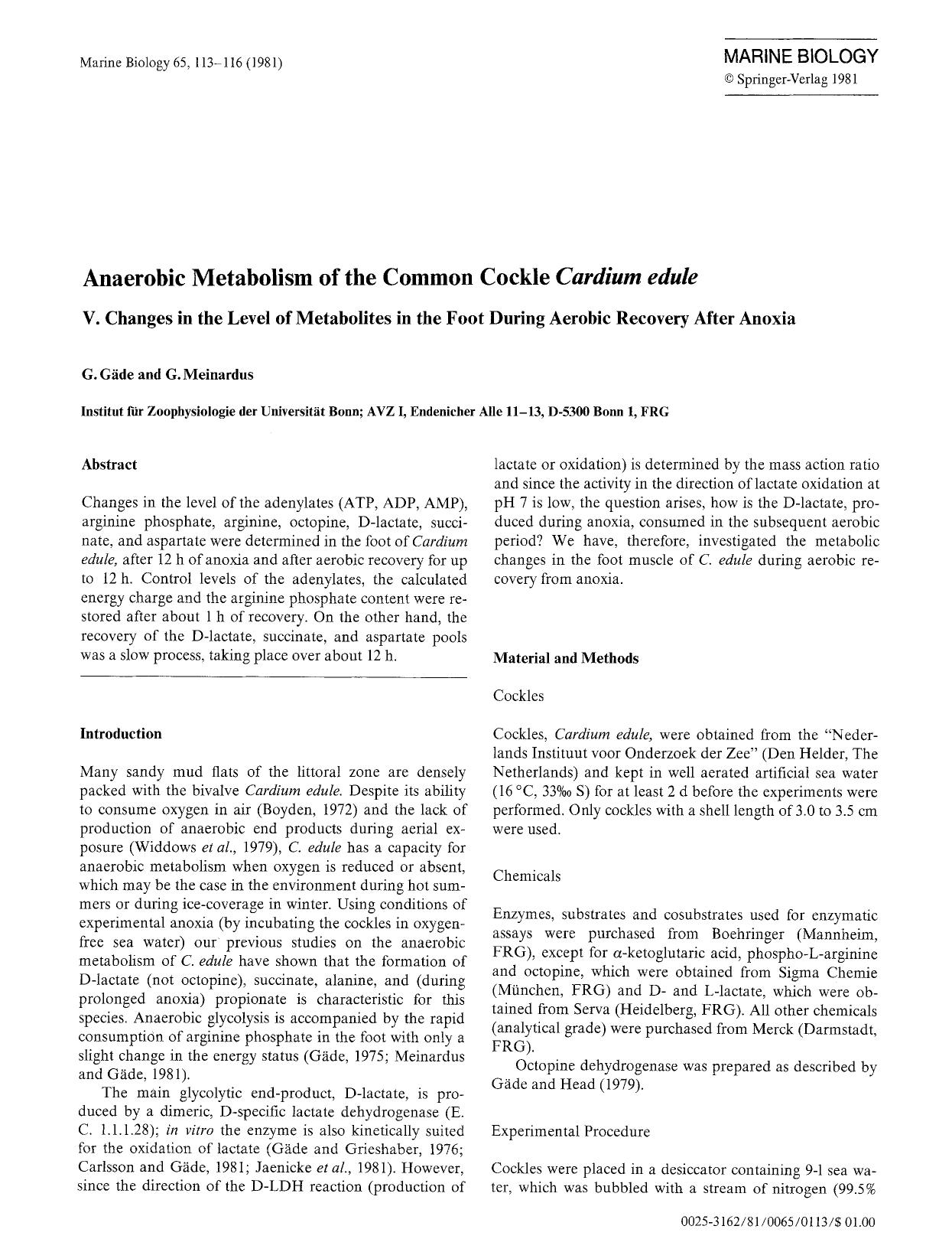 Anaerobic metabolism of the common cockle <Emphasis Type="Italic">Cardium edule<Emphasis> by Unknown