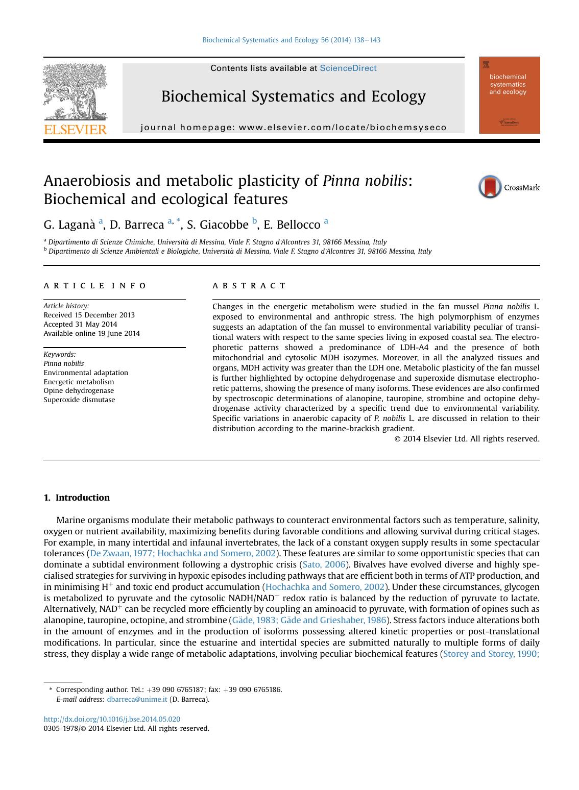 Anaerobiosis and metabolic plasticity of Pinna nobilis: Biochemical and ecological features by G. Laganà & D. Barreca & S. Giacobbe & E. Bellocco