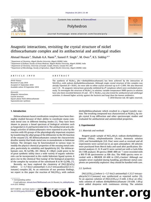 Anagostic interactions, revisiting the crystal structure of nickel dithiocarbamate complex and its antibacterial and antifungal studies by Ahmad Husain & Shahab A.A. Nami & Suneel P. Singh & M. Oves & K.S. Siddiqi