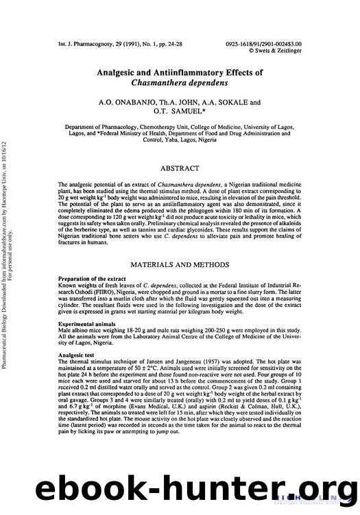 Analgesic and Antiinflammatory Effects of Chasmanthera dependens by A. O. Onabanjo Th. A. John A. A. Sokale & O. T. Samuel