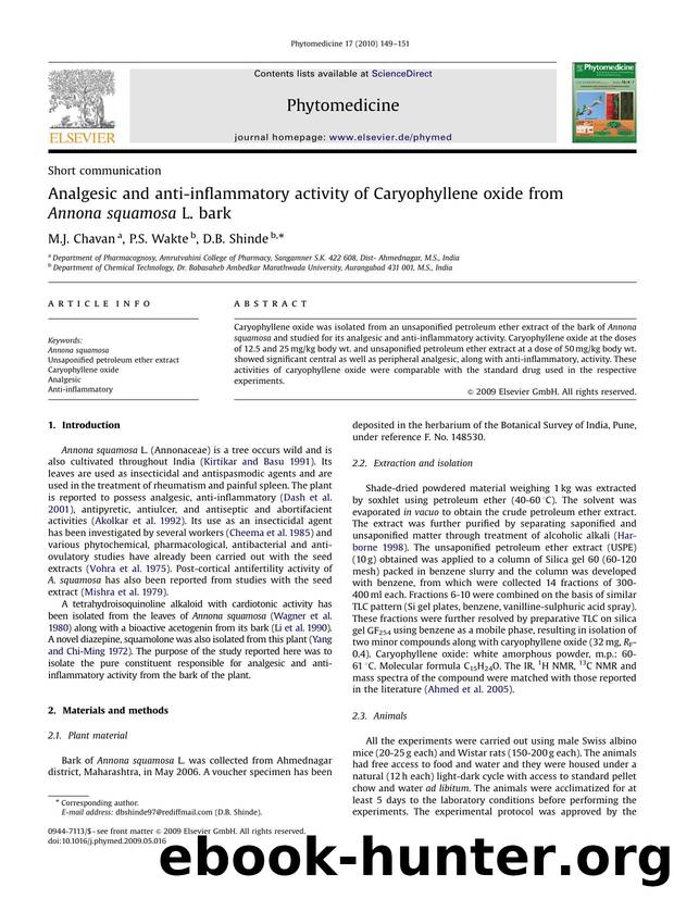 Analgesic and anti-inflammatory activity of Caryophyllene oxide from Annona squamosa L. bark by M.J. Chavan; P.S. Wakte; D.B. Shinde