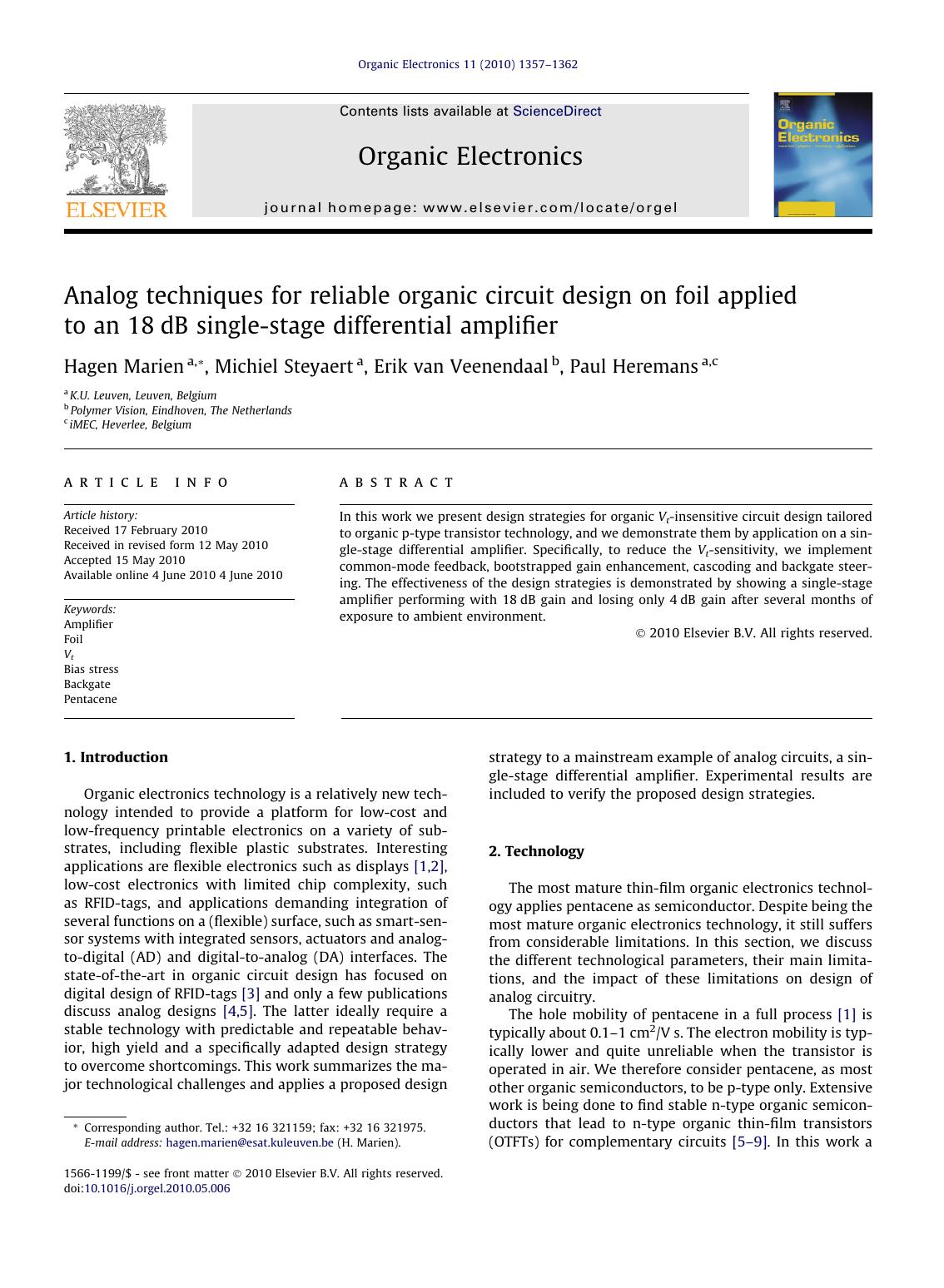 Analog techniques for reliable organic circuit design on foil applied to an 18dB single-stage differential amplifier by Hagen Marien & Michiel Steyaert & Erik van Veenendaal & Paul Heremans