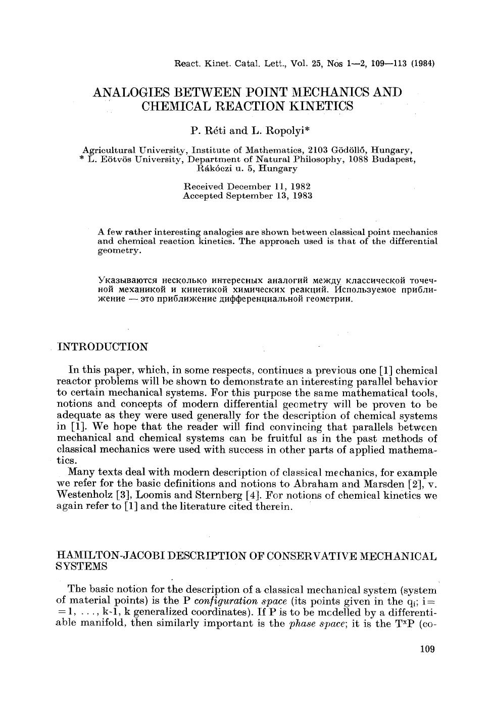 Analogies between point mechanics and chemical reaction kinetics by Unknown