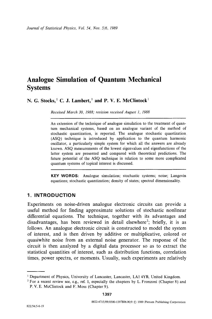 Analogue simulation of quantum mechanical systems by Unknown