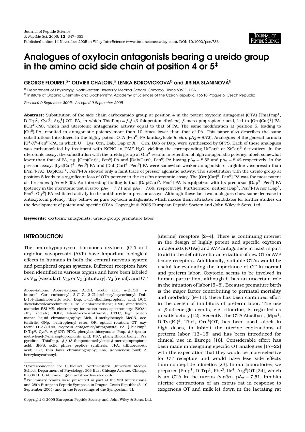 Analogues of oxytocin antagonists bearing a ureido group in the amino acid side chain at position 4 or 5 by Unknown
