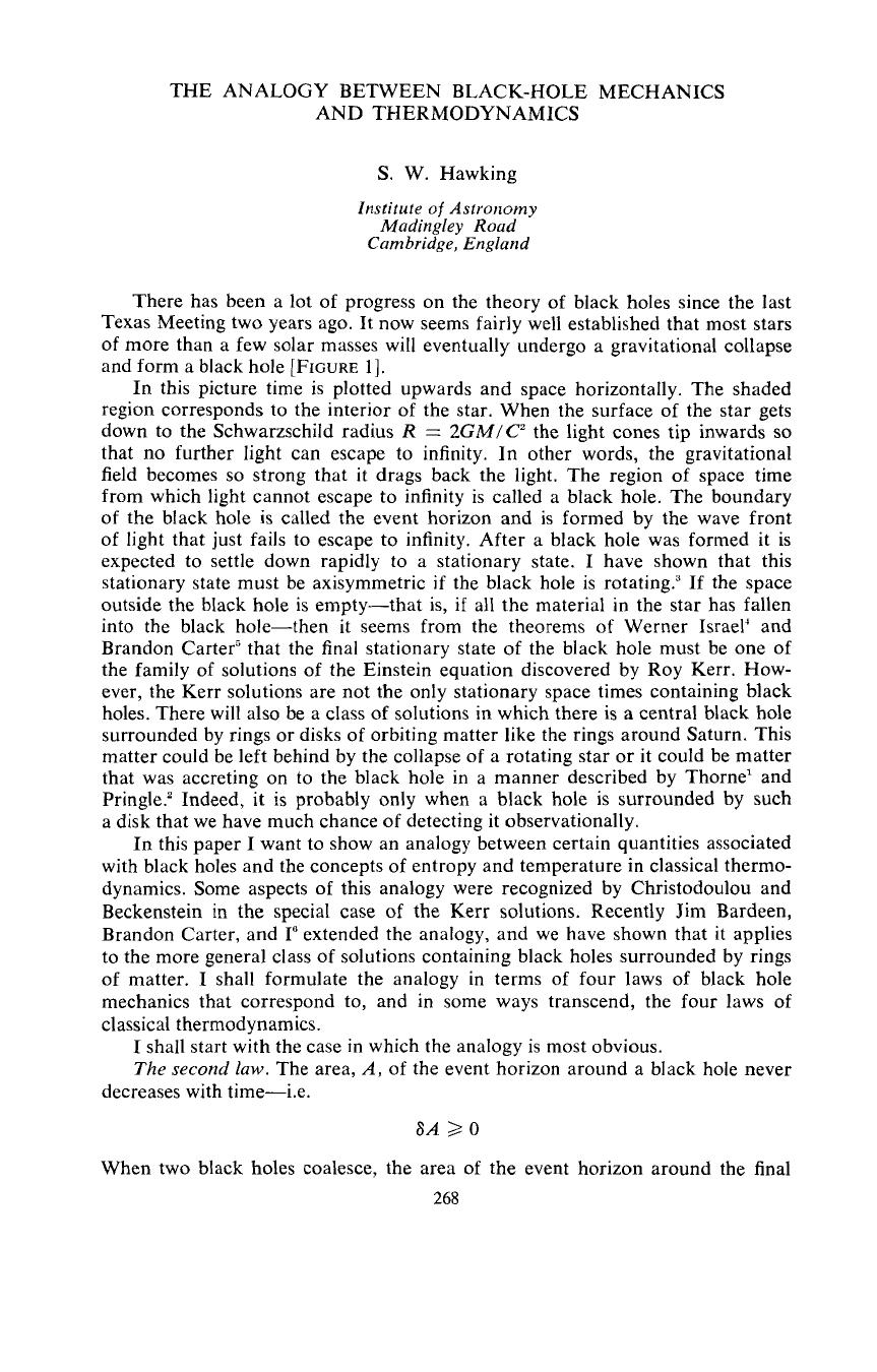 Analogy Between Black-Hole Mechanics and Thermodynamics (1973) by Unknown