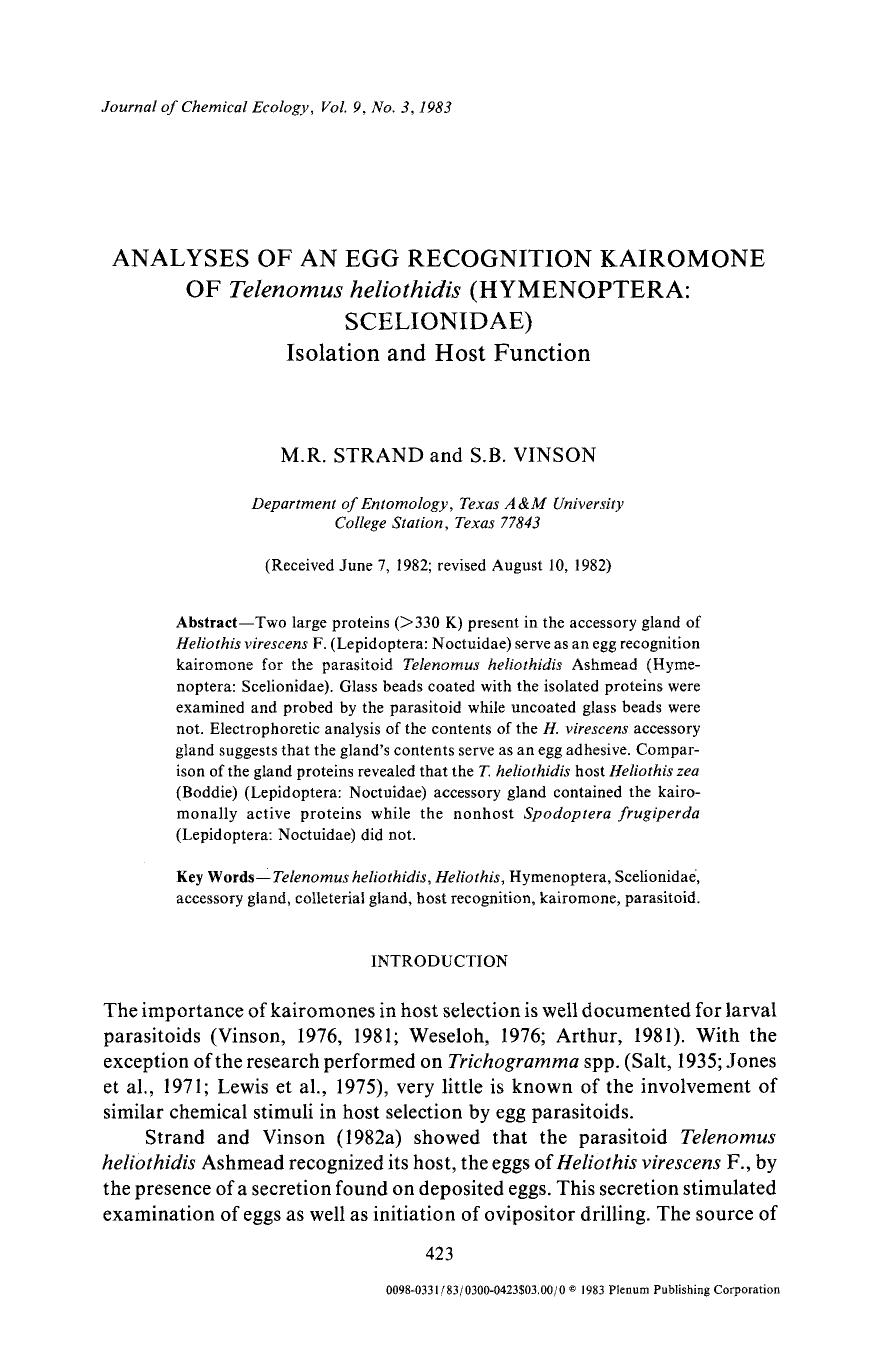 Analyses of an egg recognition kairomone of <Emphasis Type="Italic">Telenomus heliothidis <Emphasis> (Hymenoptera: Scelionidae) Isolation and host function by Unknown