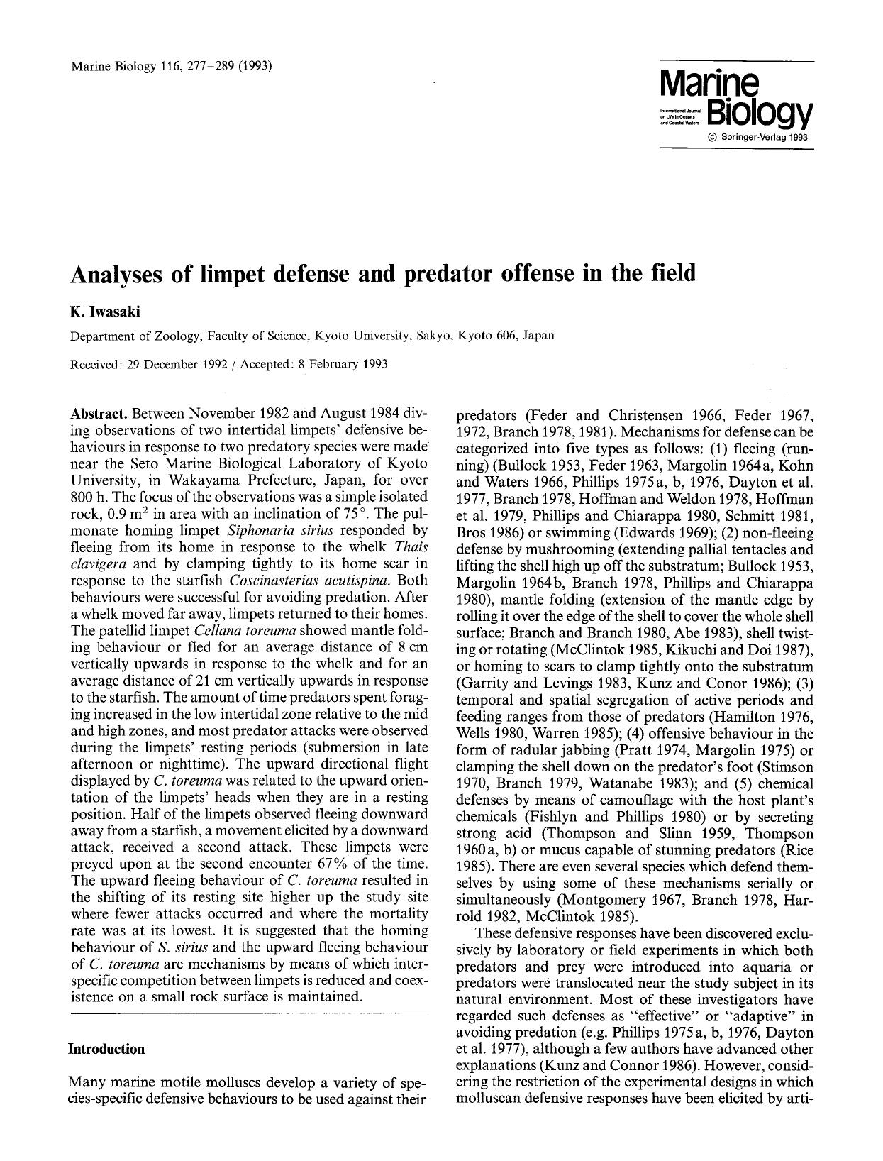 Analyses of limpet defense and predator offense in the field by Unknown