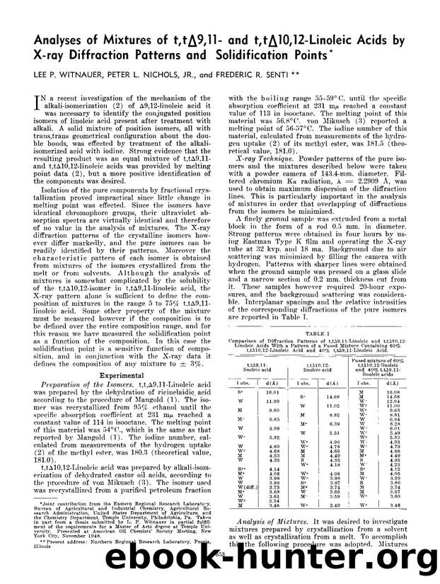 Analyses of mixtures of t,tΔ9,11- and t,tΔ10,12-linoleic acids by X-ray diffraction patterns and solidification points by Unknown