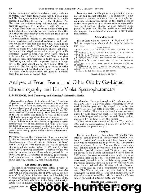 Analyses of pecan, peanut, and other oils by gas-liquid chromatography and ultra-violet spectrophotometry by Unknown