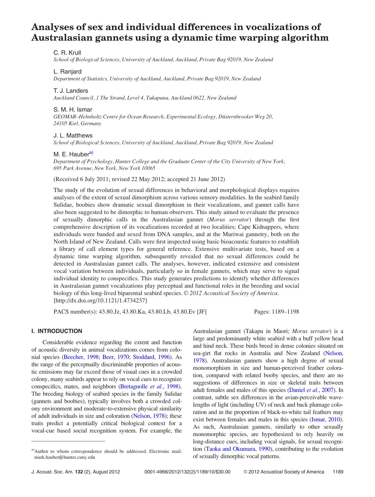 Analyses of sex and individual differences in vocalizations of Australasian gannets using a dynamic time warping algorithm by C. R. Krull L. Ranjard T. J. Landers S. M. H. Ismar J. L. Matthews and M. E. Haubera)