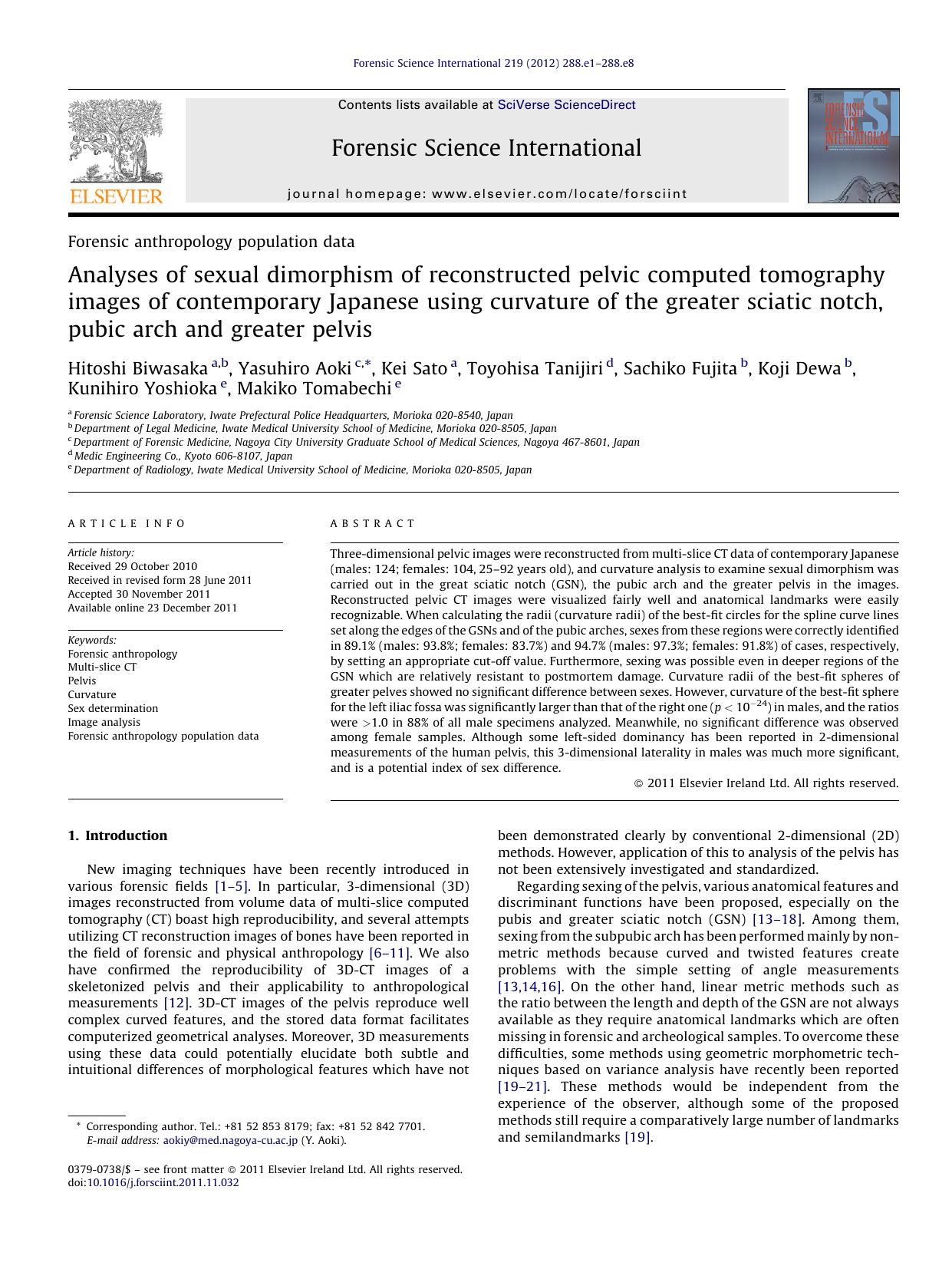 Analyses of sexual dimorphism of reconstructed pelvic computed tomography images of contemporary Japanese using curvature of the greater sciatic notch, pubic arch and greater pelvis by Hitoshi Biwasaka