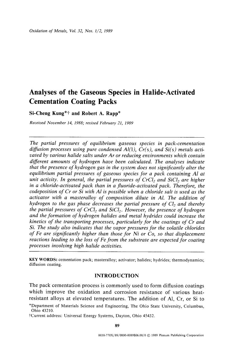 Analyses of the gaseous species in halide-activated cementation coating packs by Unknown