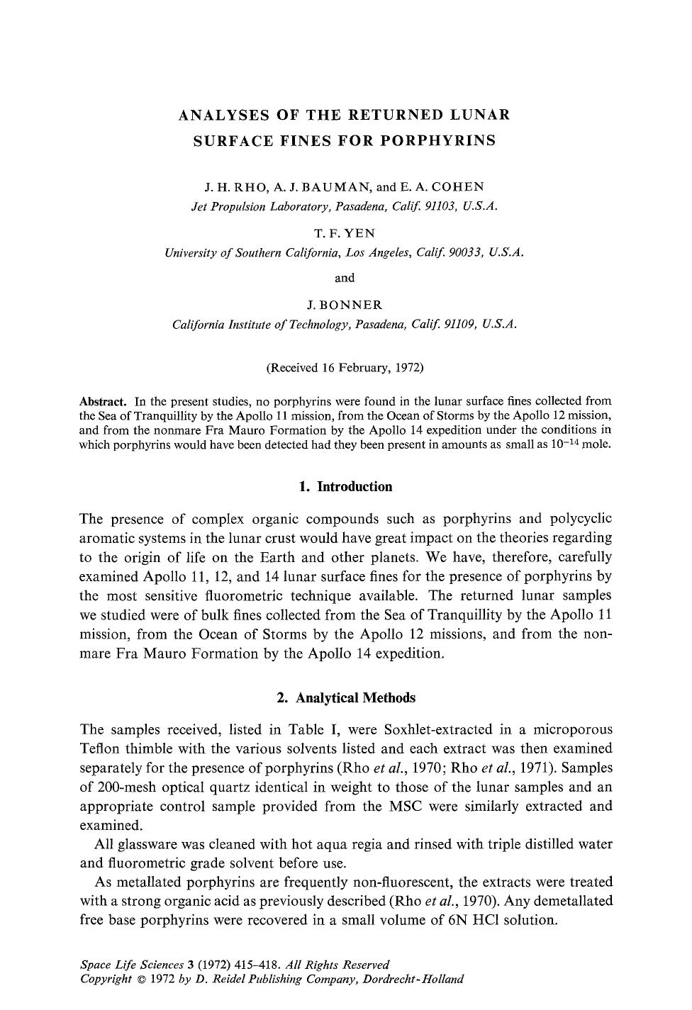 Analyses of the returned lunar surface fines for porphyrins by Unknown