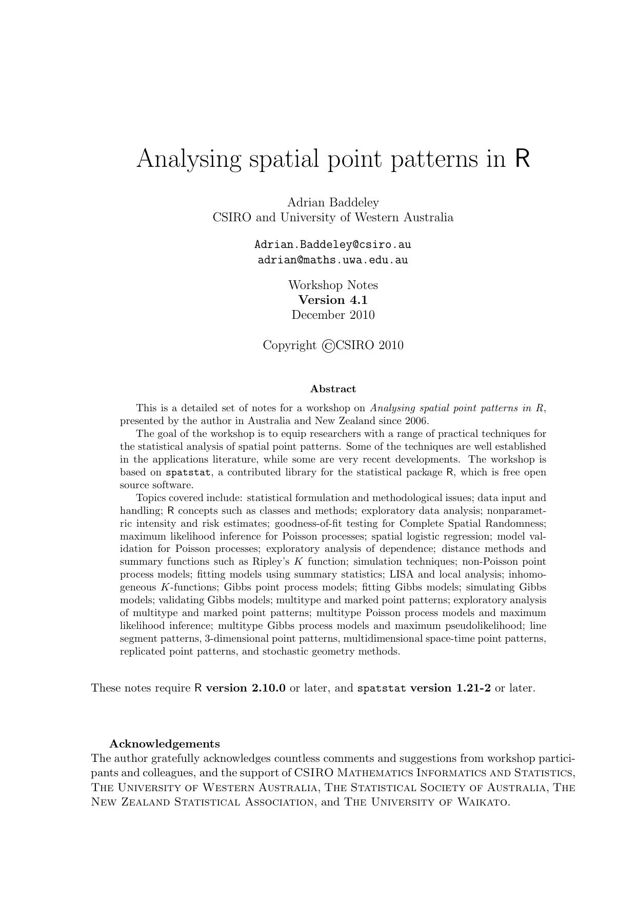 Analysing spatial point patterns in R by Baddeley A