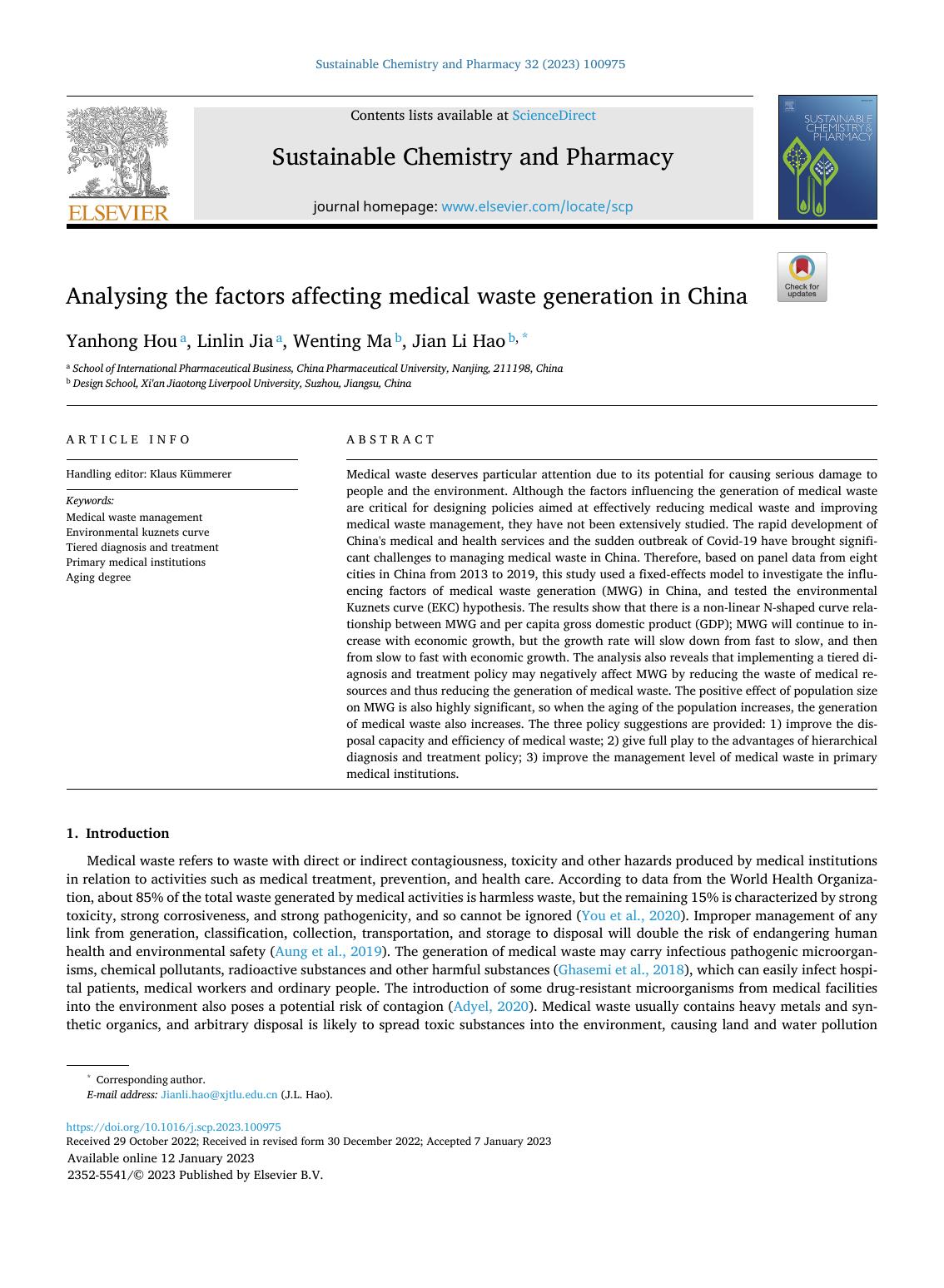 Analysing the factors affecting medical waste generation in China by Yanhong Hou & Linlin Jia & Wenting Ma & Jian Li Hao