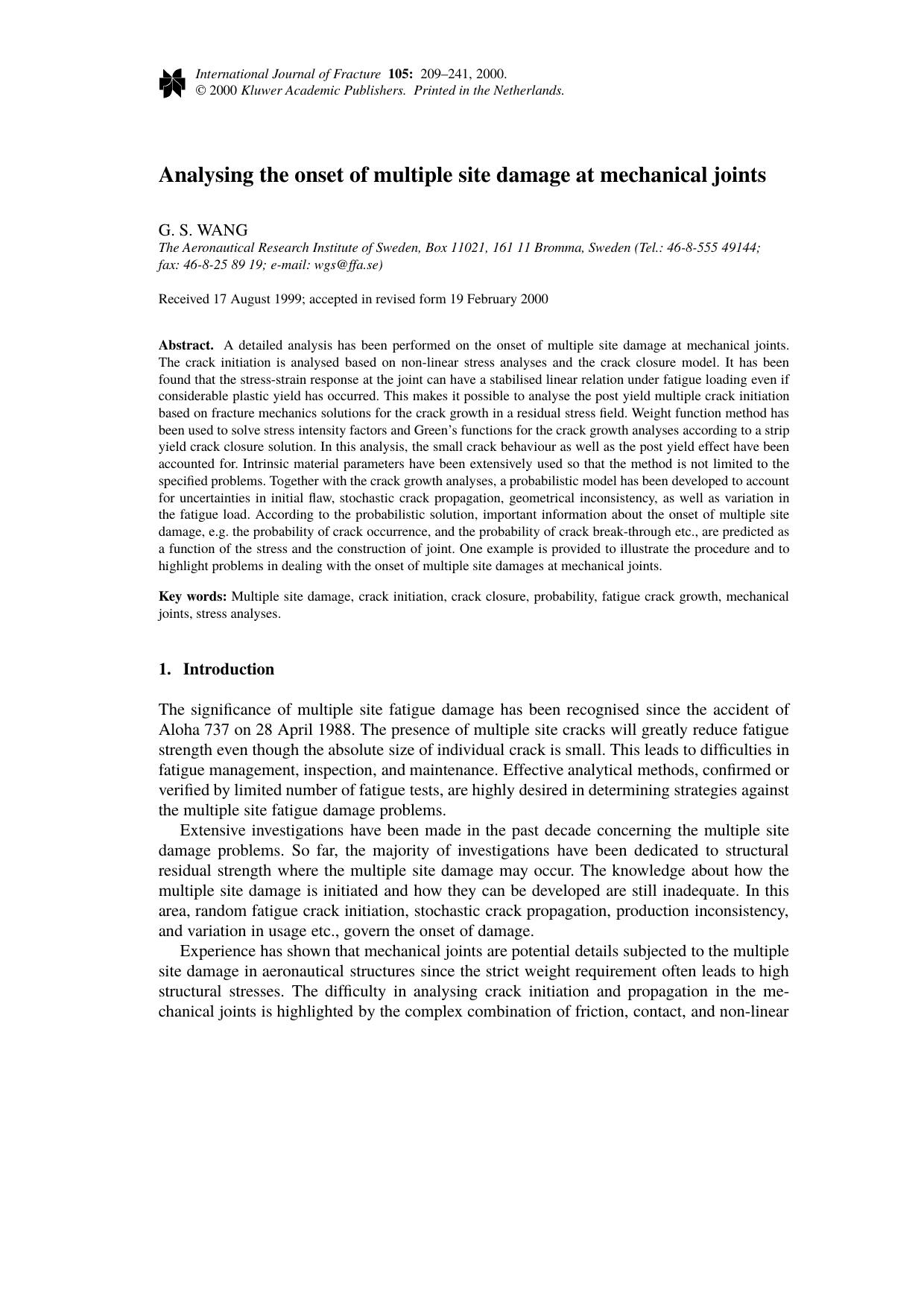 Analysing the onset of multiple site damage at mechanical joints by Unknown