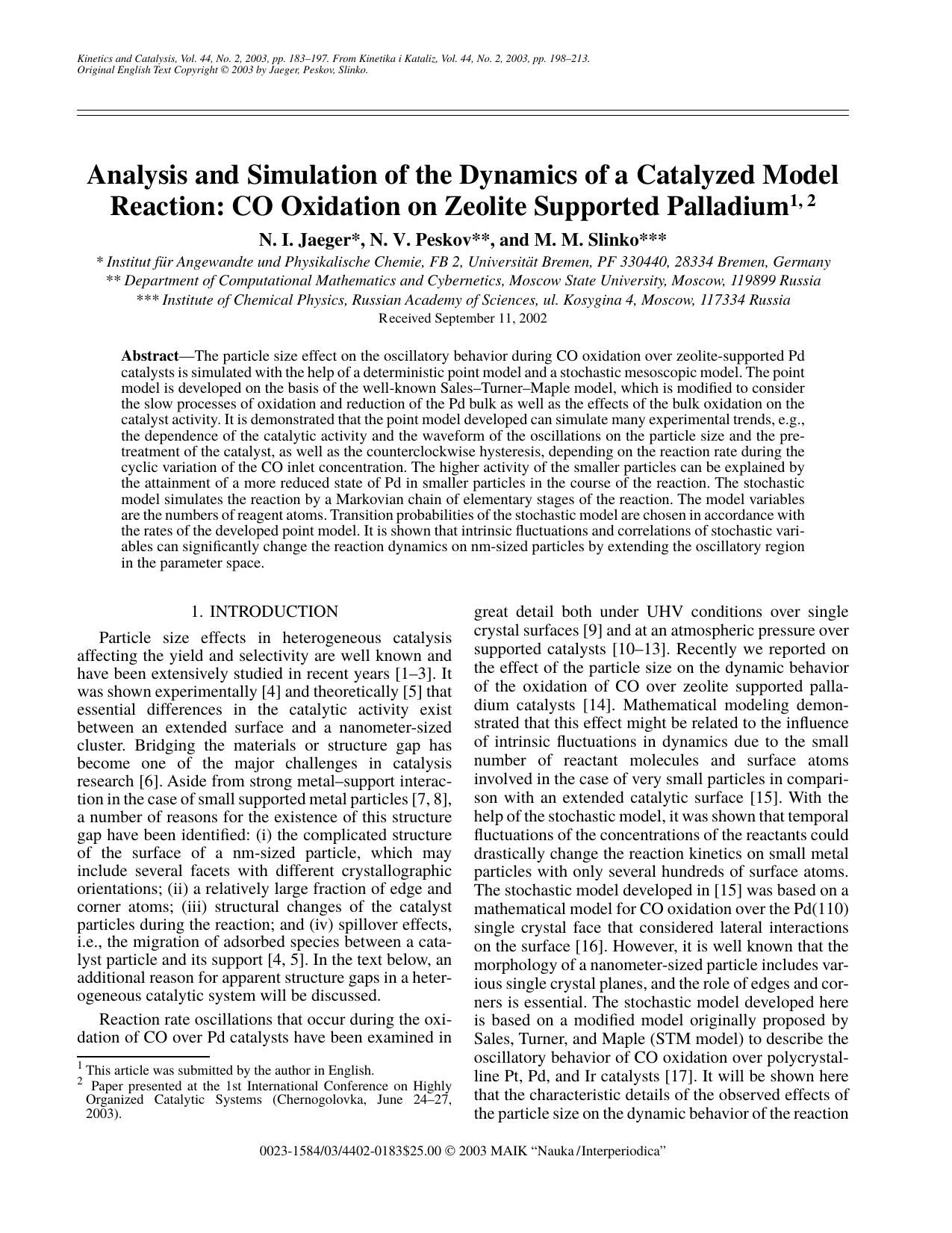 Analysis and Simulation of the Dynamics of a Catalyzed Model Reaction: CO Oxidation on Zeolite Supported Palladium by Unknown