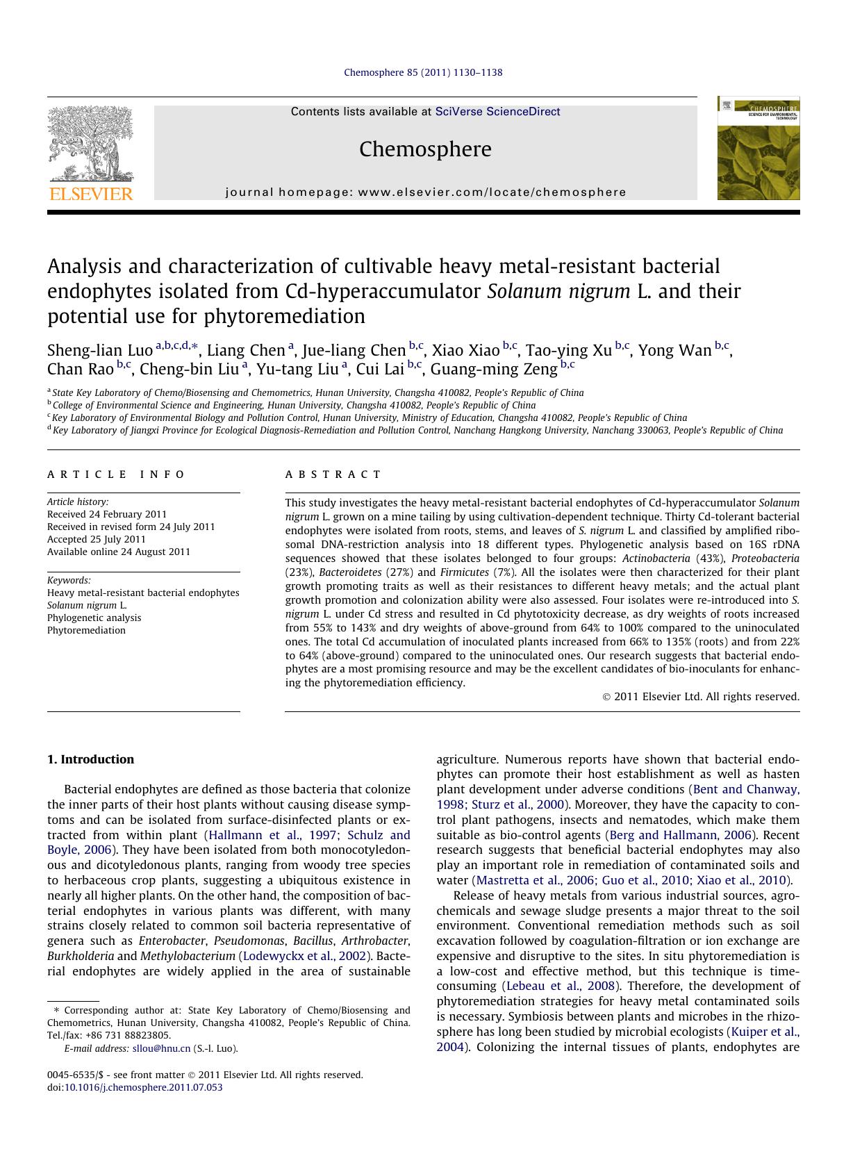 Analysis and characterization of cultivable heavy metal-resistant bacterial endophytes isolated from Cd-hyperaccumulator Solanum nigrum L. and their potential use for phytoremediation by unknow