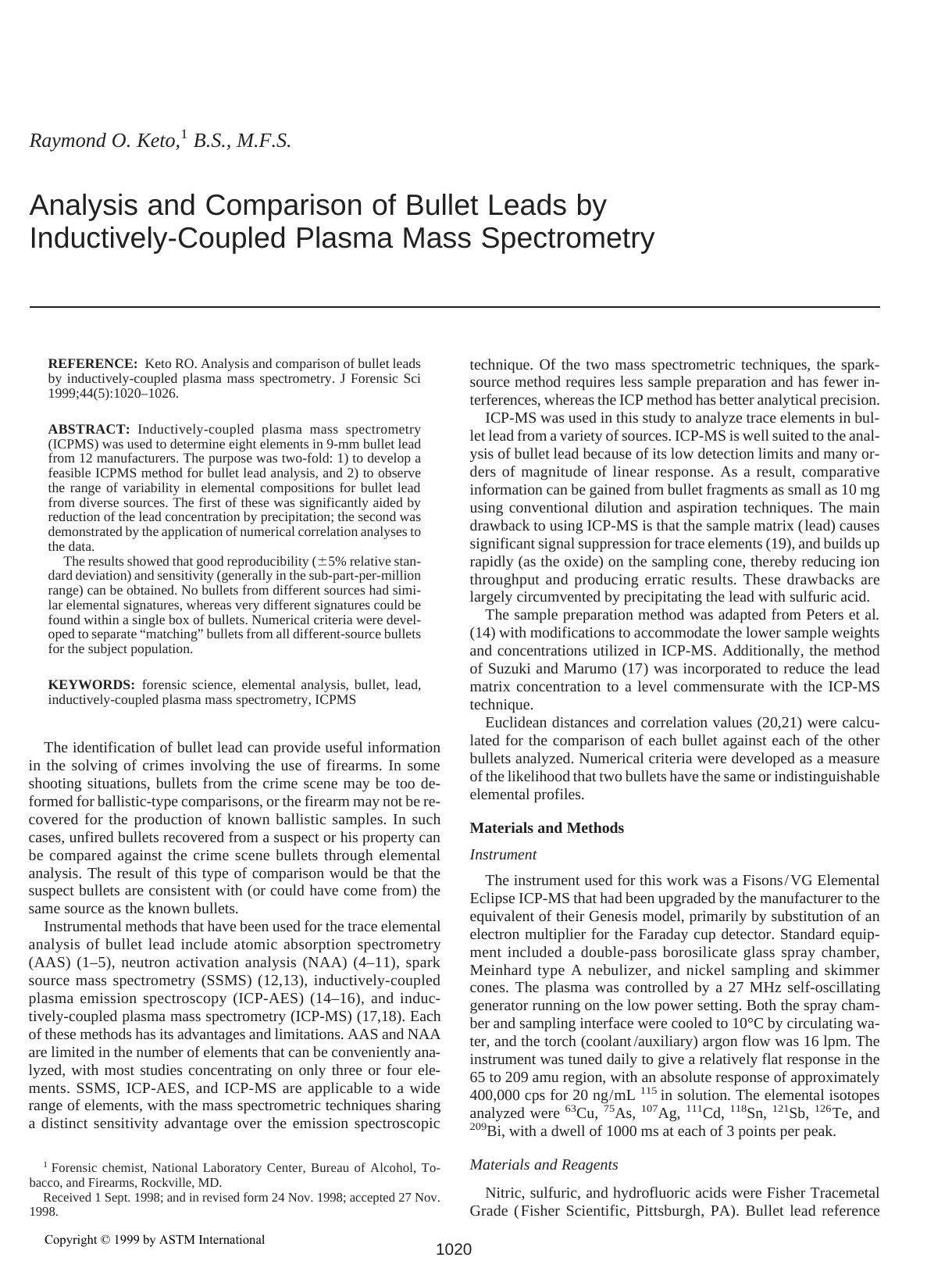 Analysis and comparison of bullet leads by inductively-coupled plasma mass spectrometry by Keto RO