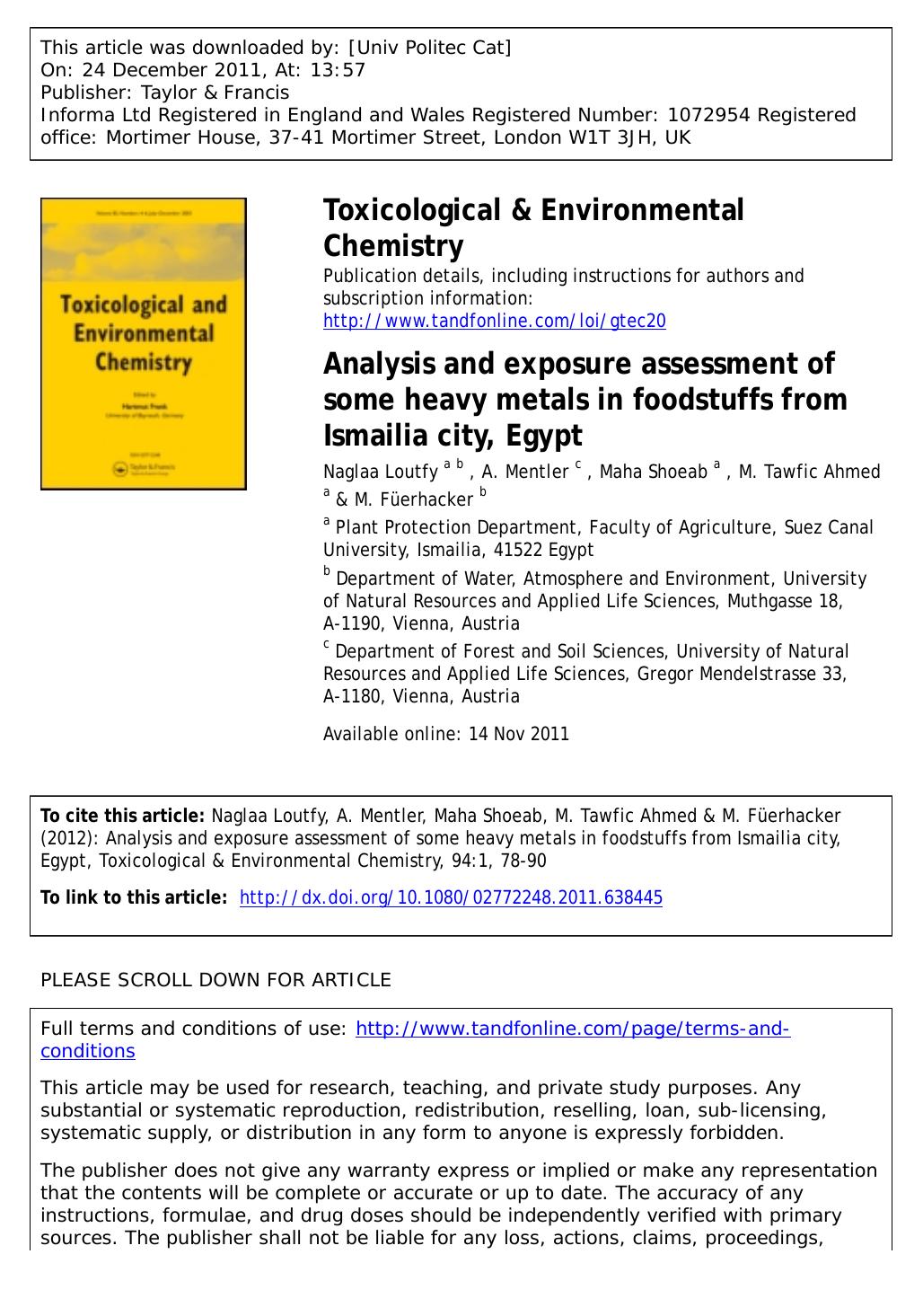 Analysis and exposure assessment of some heavy metals in foodstuffs from Ismailia city, Egypt by unknow