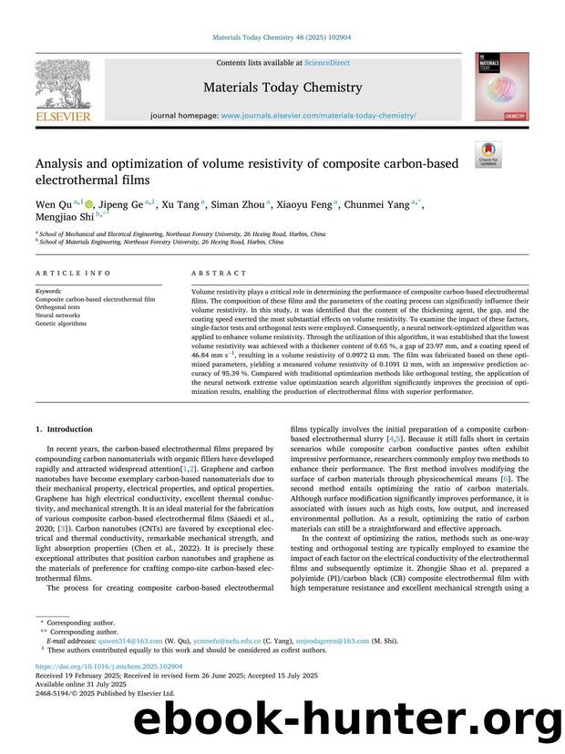 Analysis and optimization of volume resistivity of composite carbon-based electrothermal films by Wen Qu & Jipeng Ge & Xu Tang & Siman Zhou & Xiaoyu Feng & Chunmei Yang & Mengjiao Shi
