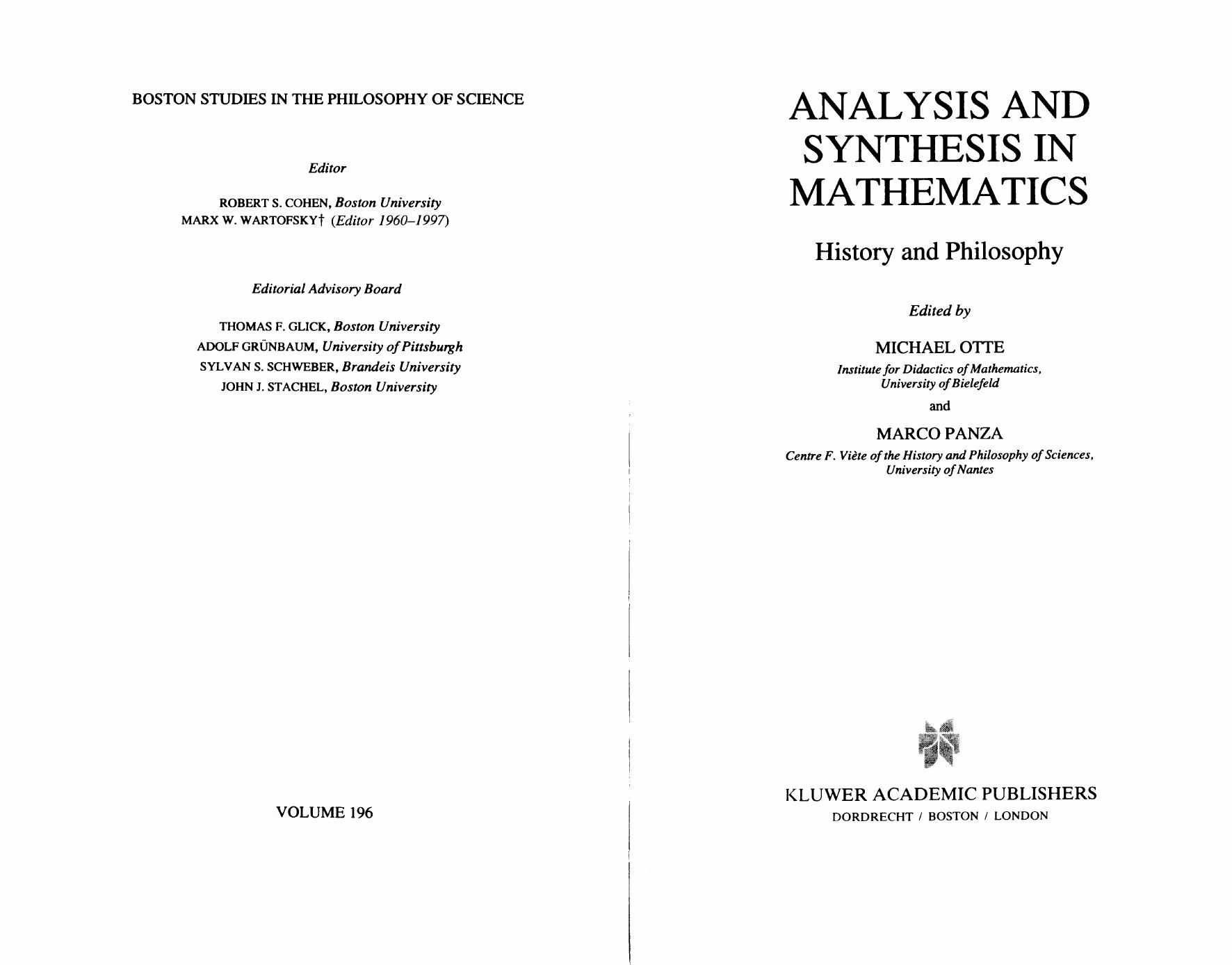 Analysis and synthesis in mathematics: History and philosophy by Michael Otte Marco Panza (eds)
