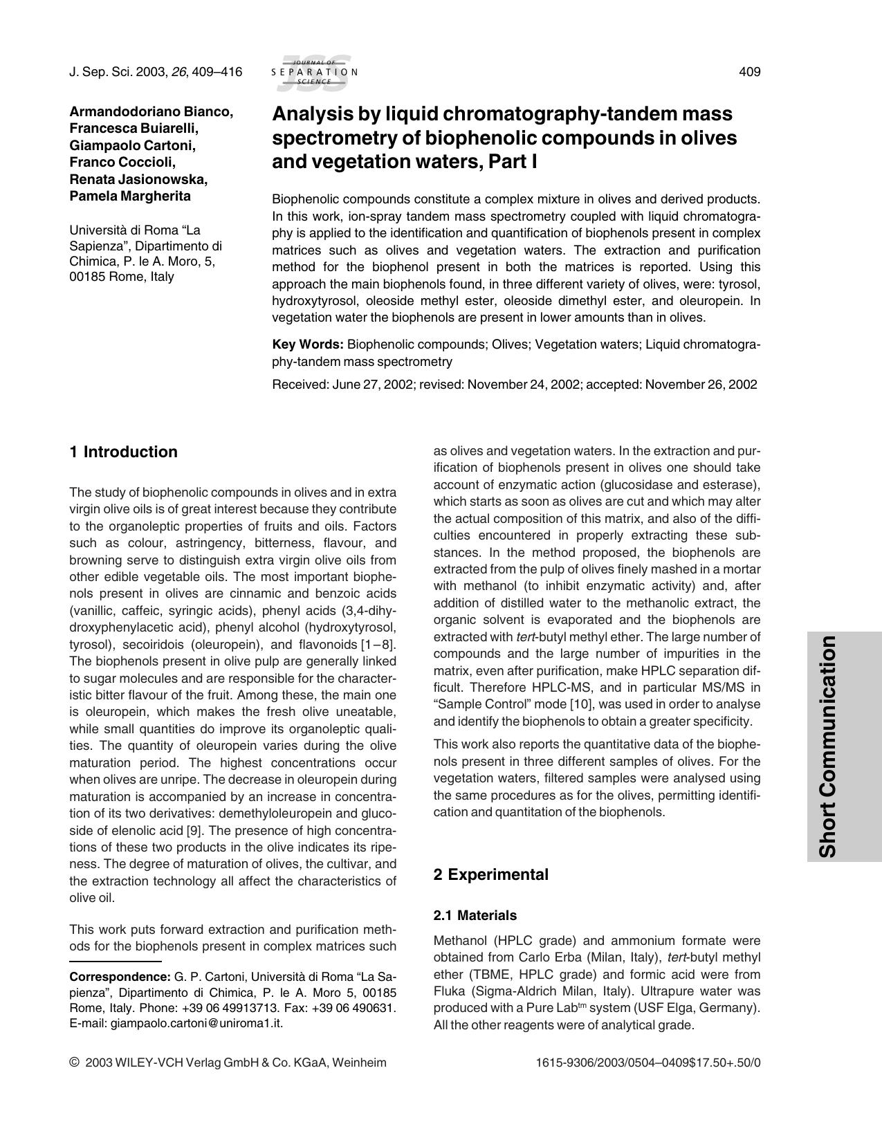 Analysis by liquid chromatography-tandem mass spectrometry of biophenolic compounds in olives and vegetation waters, Part I by Unknown