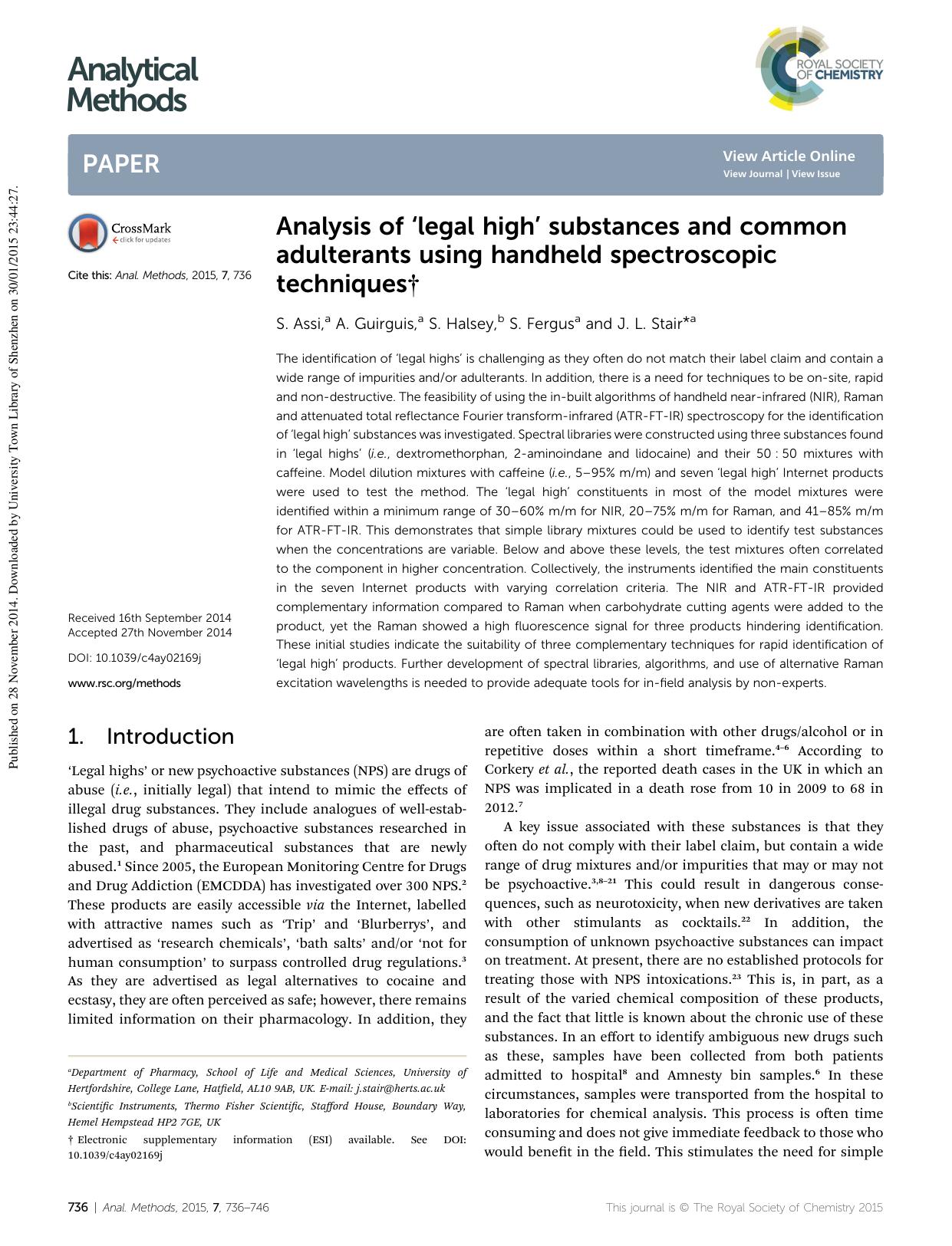 Analysis of âlegal highâ substances and common adulterants using handheld spectroscopic techniques by S. Assi & A. Guirguis & S. Halsey & S. Fergus & J. L. Stair