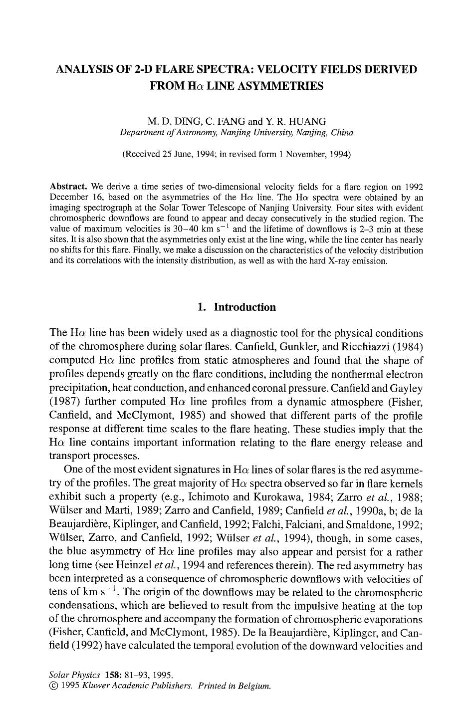 Analysis of 2-d flare spectra: Velocity fields derived from H <Emphasis Type="Italic">&#x03B1; <Emphasis> line asymmetries by Unknown