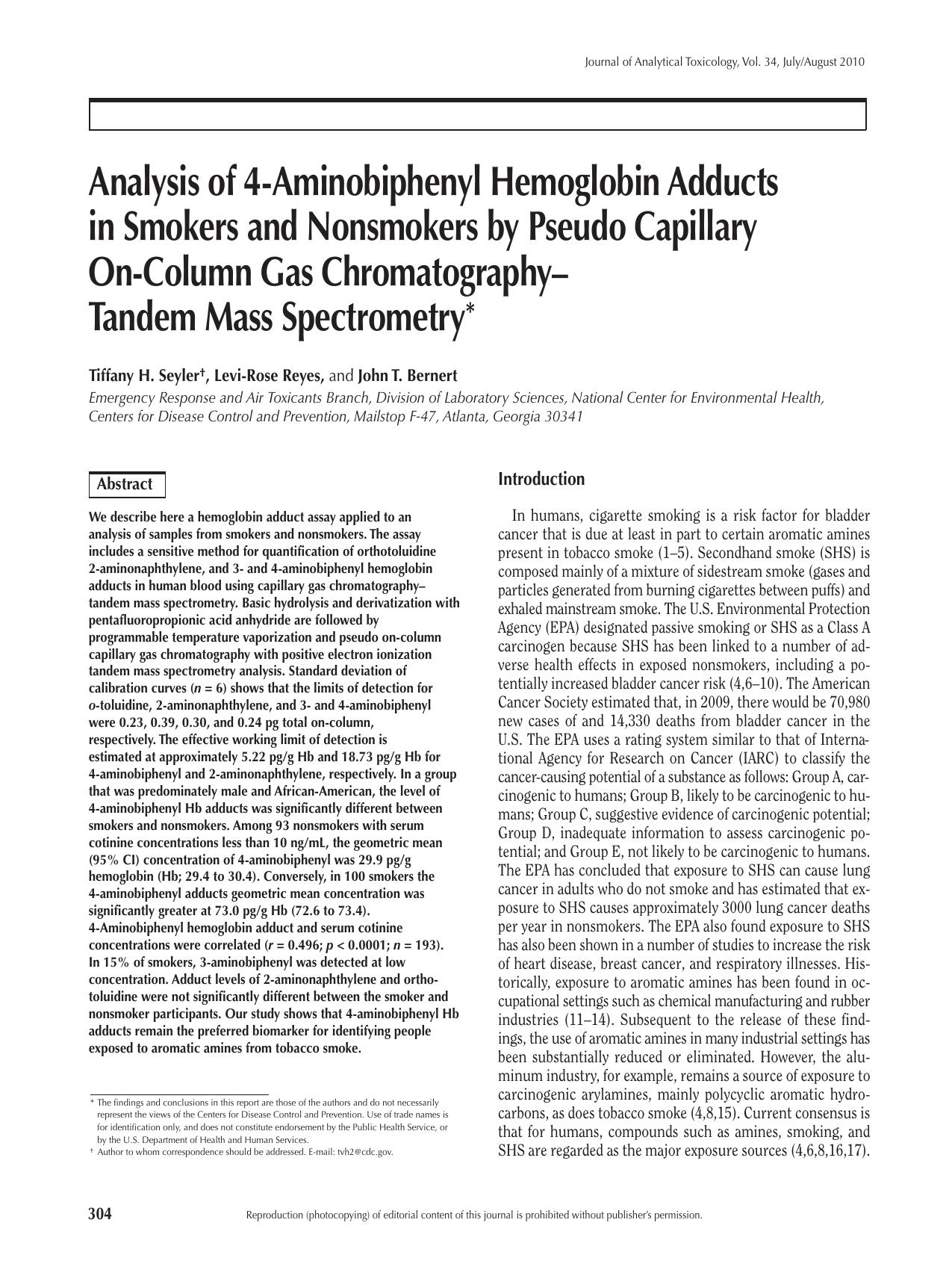 Analysis of 4-Aminobiphenyl Hemoglobin Adducts in Smokers by Tiffany H. Seyler