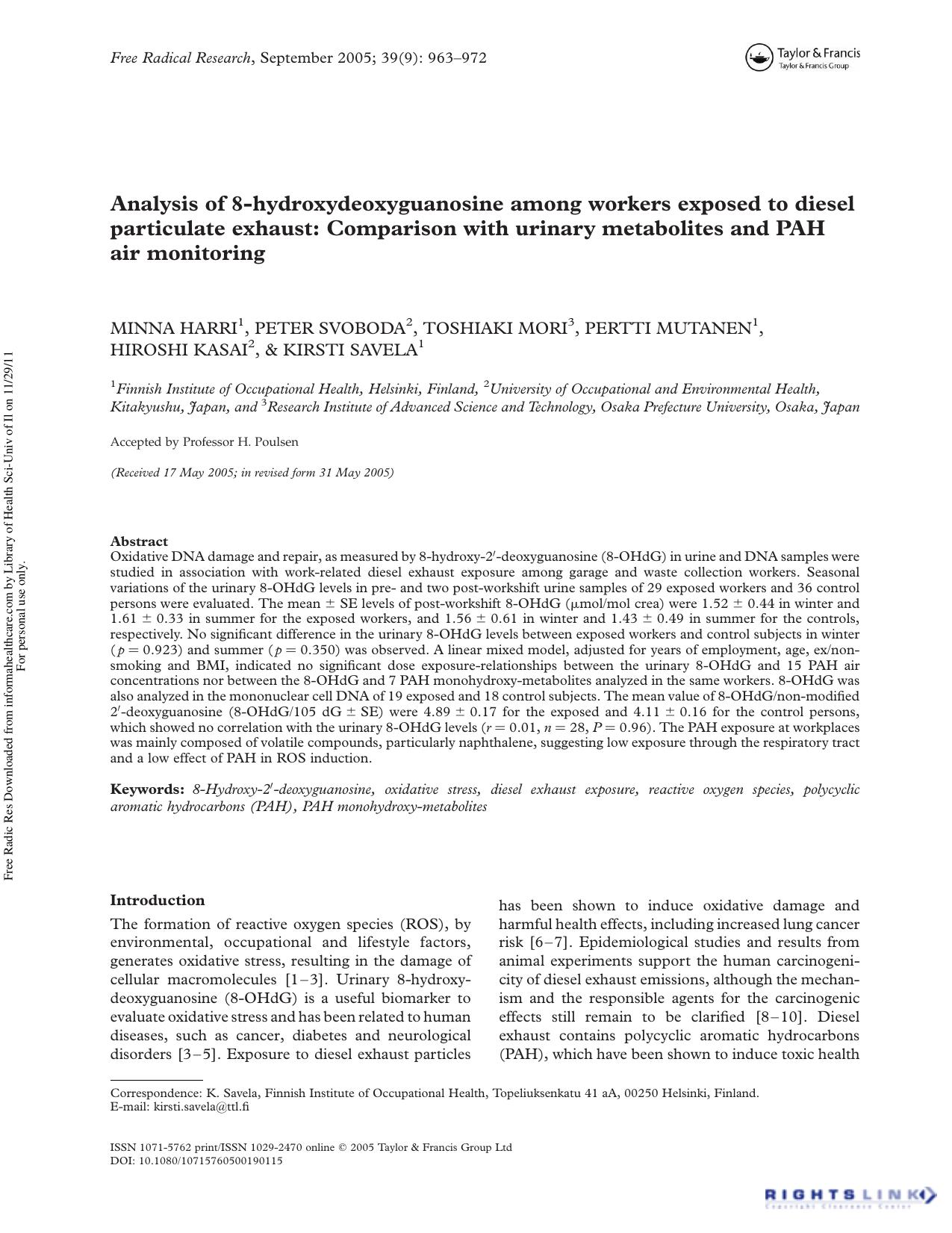 Analysis of 8-hydroxydeoxyguanosine among workers exposed to diesel particulate exhaust: Comparison with urinary metabolites and PAH air monitoring by unknow