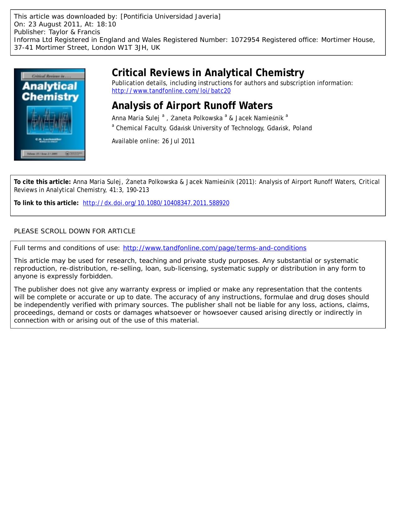Analysis of Airport Runoff Waters by Anna Maria Sulej a jacek.namiesnik@pg.gda.pl Żaneta Polkowska a & Jacek Namieśnik a