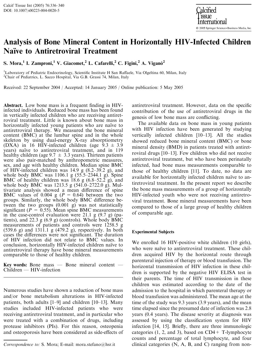 Analysis of Bone Mineral Content in Horizontally HIV-Infected Children NaÄ±ve to Antiretroviral Treatment by Mora S. et al