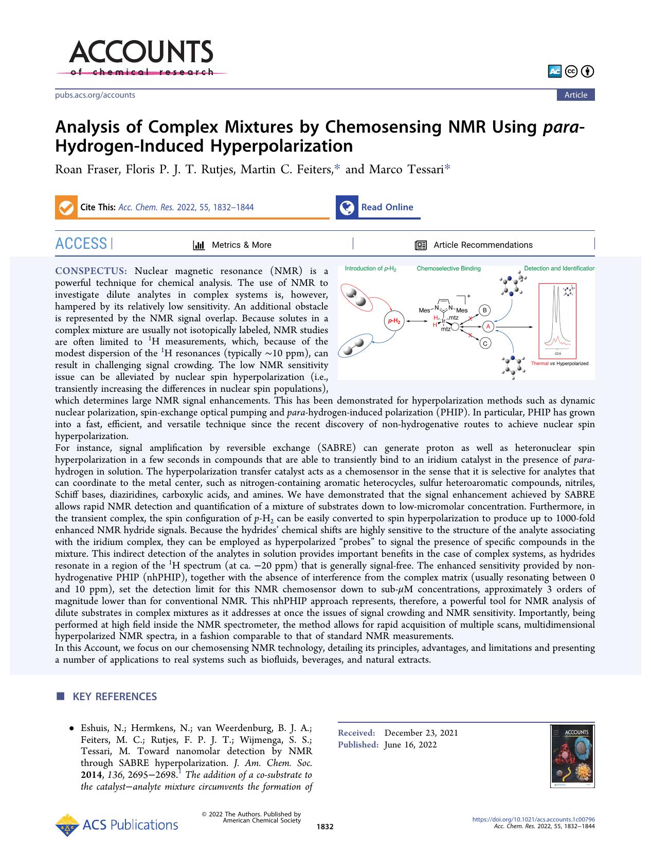 Analysis of Complex Mixtures by Chemosensing NMR Using para-Hydrogen-Induced Hyperpolarization by Roan Fraser Floris P. J. T. Rutjes Martin C. Feiters and Marco Tessari