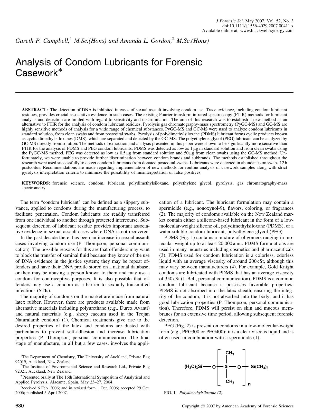 Analysis of Condom Lubricants for Forensic Casework* by Unknown