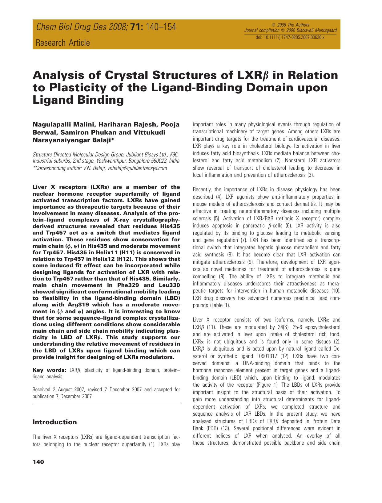 Analysis of Crystal Structures of LXRÎ² in Relation to Plasticity of the Ligand-Binding Domain upon Ligand Binding by Unknown