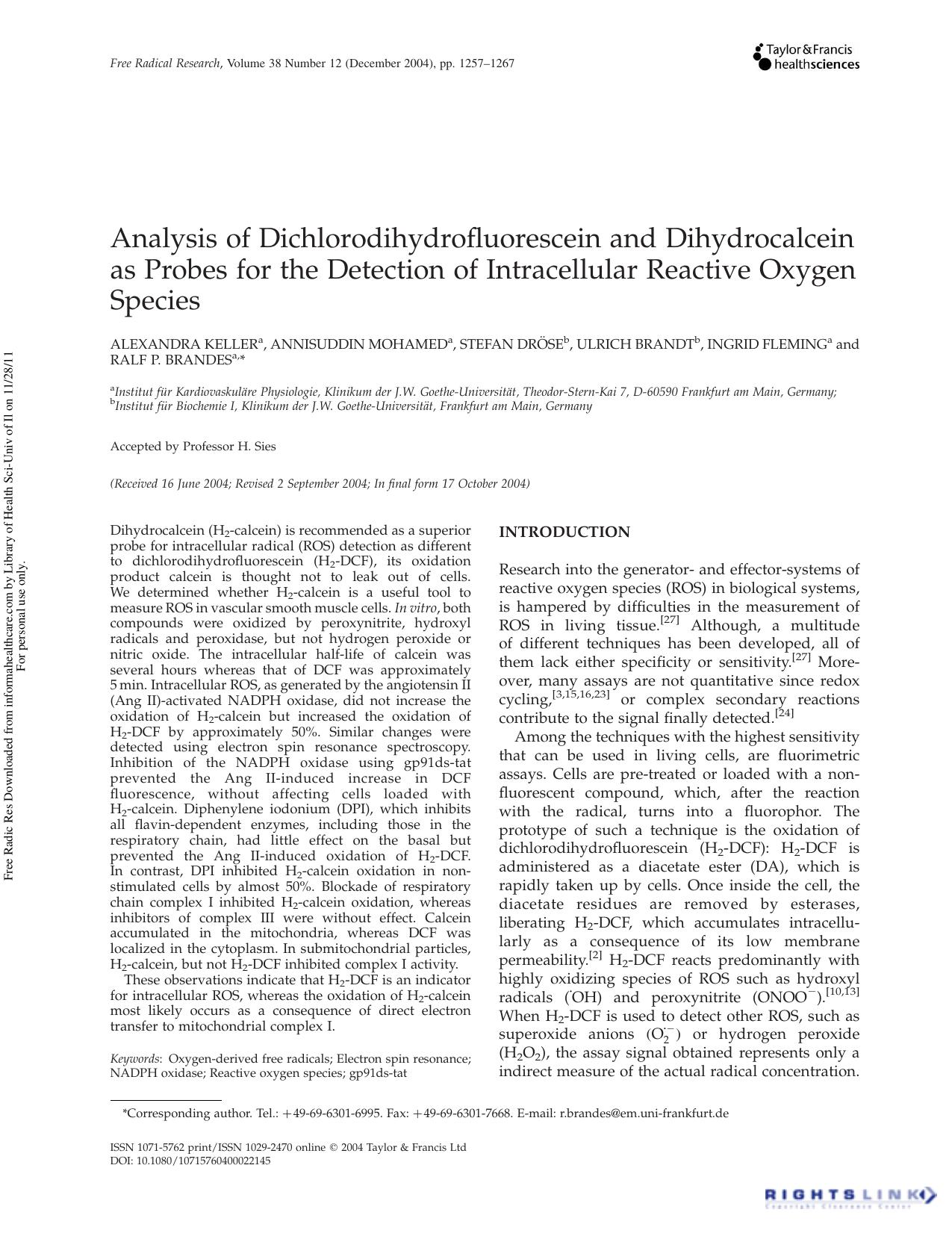 Analysis of Dichlorodihydrofluorescein and Dihydrocalcein as Probes for the Detection of Intracellular Reactive Oxygen Species by unknow
