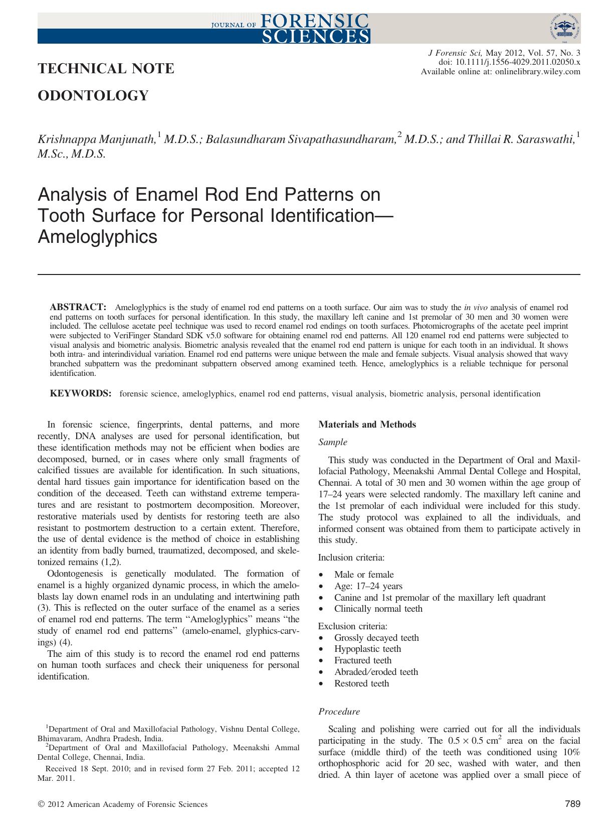 Analysis of Enamel Rod End Patterns on Tooth Surface for Personal IdentificationAmeloglyphics by Unknown