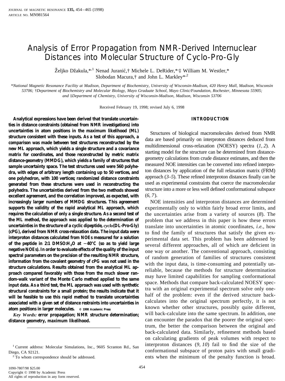 Analysis of Error Propagation from NMR-Derived Internuclear Distances into Molecular Structure of Cyclo-Pro-Gly by Dzakula Z. et al