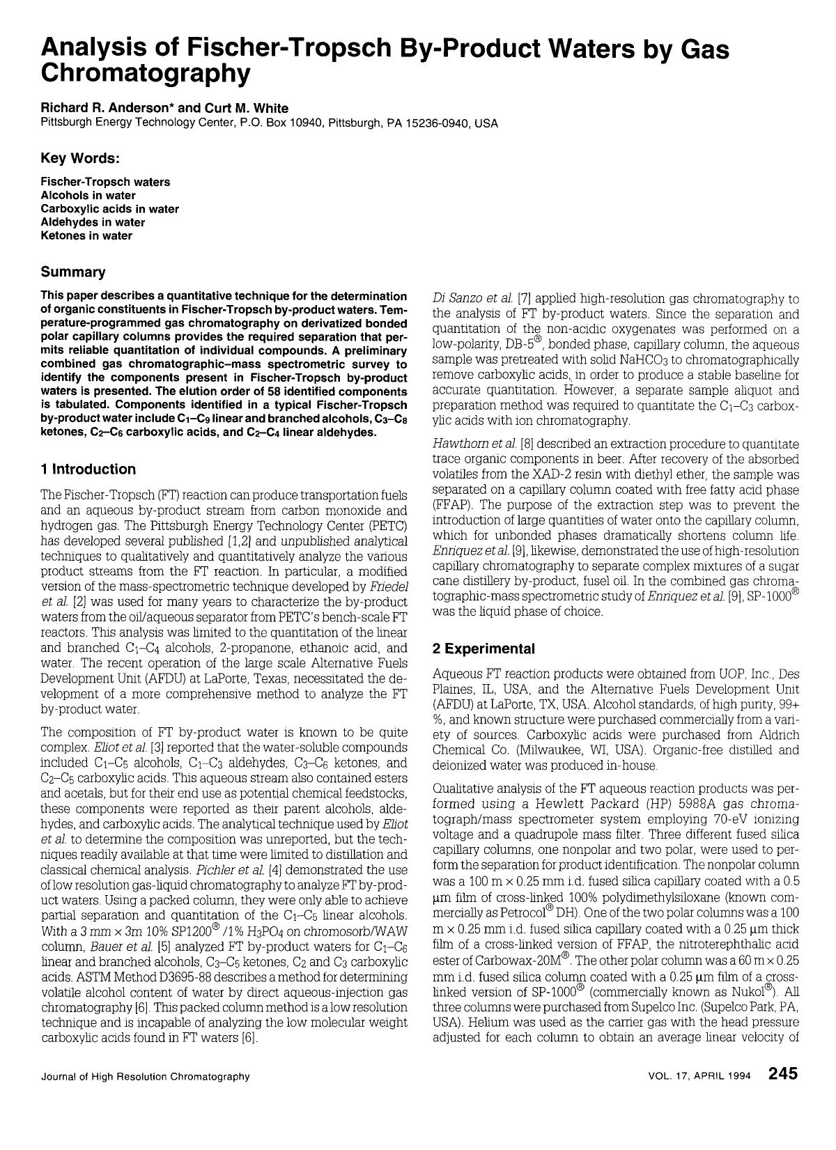Analysis of Fischer-Tropsch by-product waters by gas chromatography by Unknown
