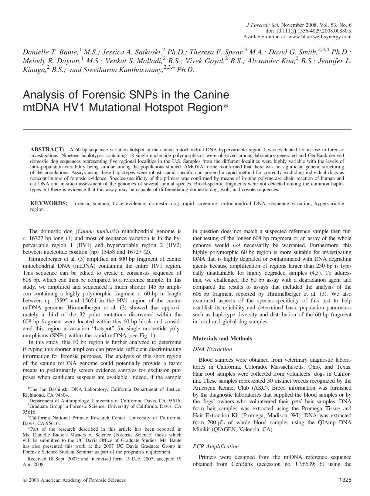 Analysis of Forensic SNPs in the Canine mtDNA HV1 Mutational Hotspot Region* by Unknown