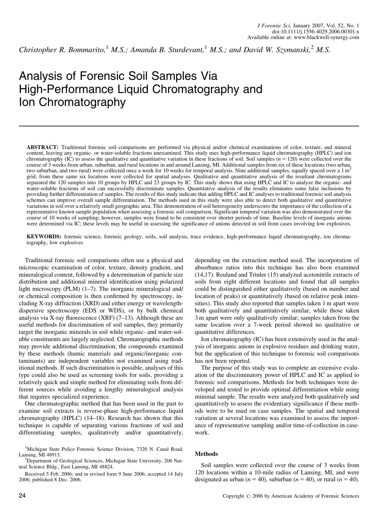 Analysis of Forensic Soil Samples Via High-Performance Liquid Chromatography and Ion Chromatography by Unknown
