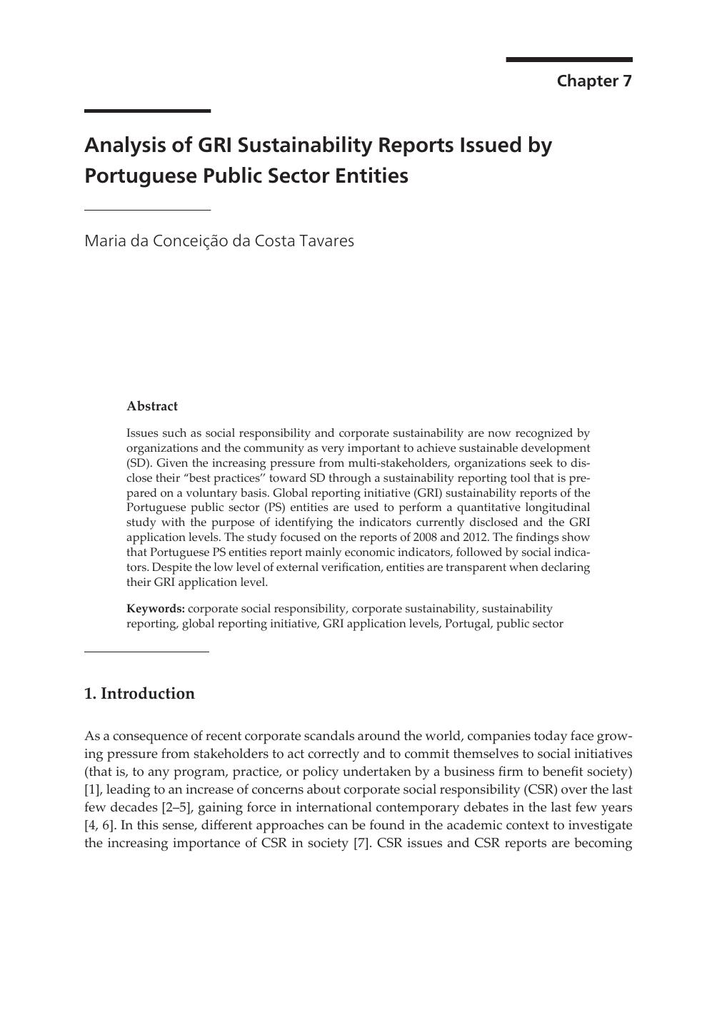 Analysis of GRI Sustainability Reports Issued by Portuguese Public Sector Entities by Maria da Conceição da Costa Tavares